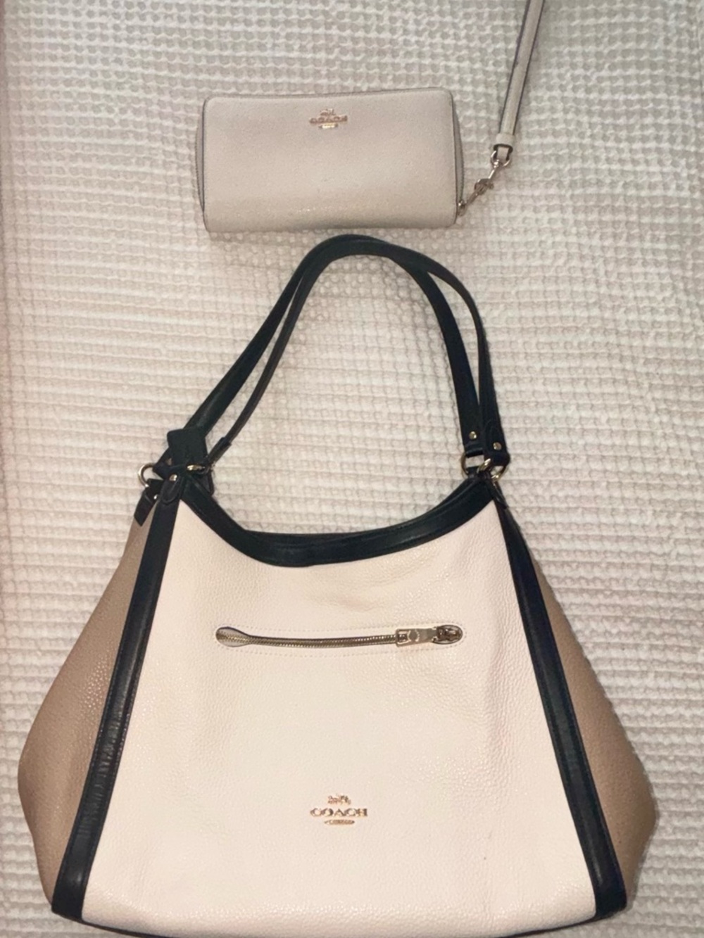 Coach Two-Tone Cream & Black Pebble Leather Shoulder Bag with Matching Wristlet